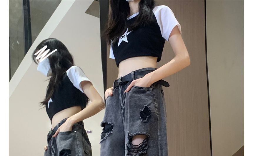 RONIN - Mid Rise Distressed Washed Wide Leg Jeans