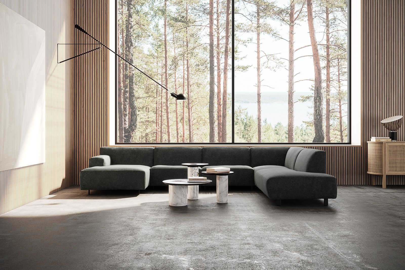 Vesta U-sofa Sjeselong venstre, 3-seter og åpen ende høyre. Big hjørnemodul, Tekstil Eros Antracit, sort metallben 10 cm, Comfort CM