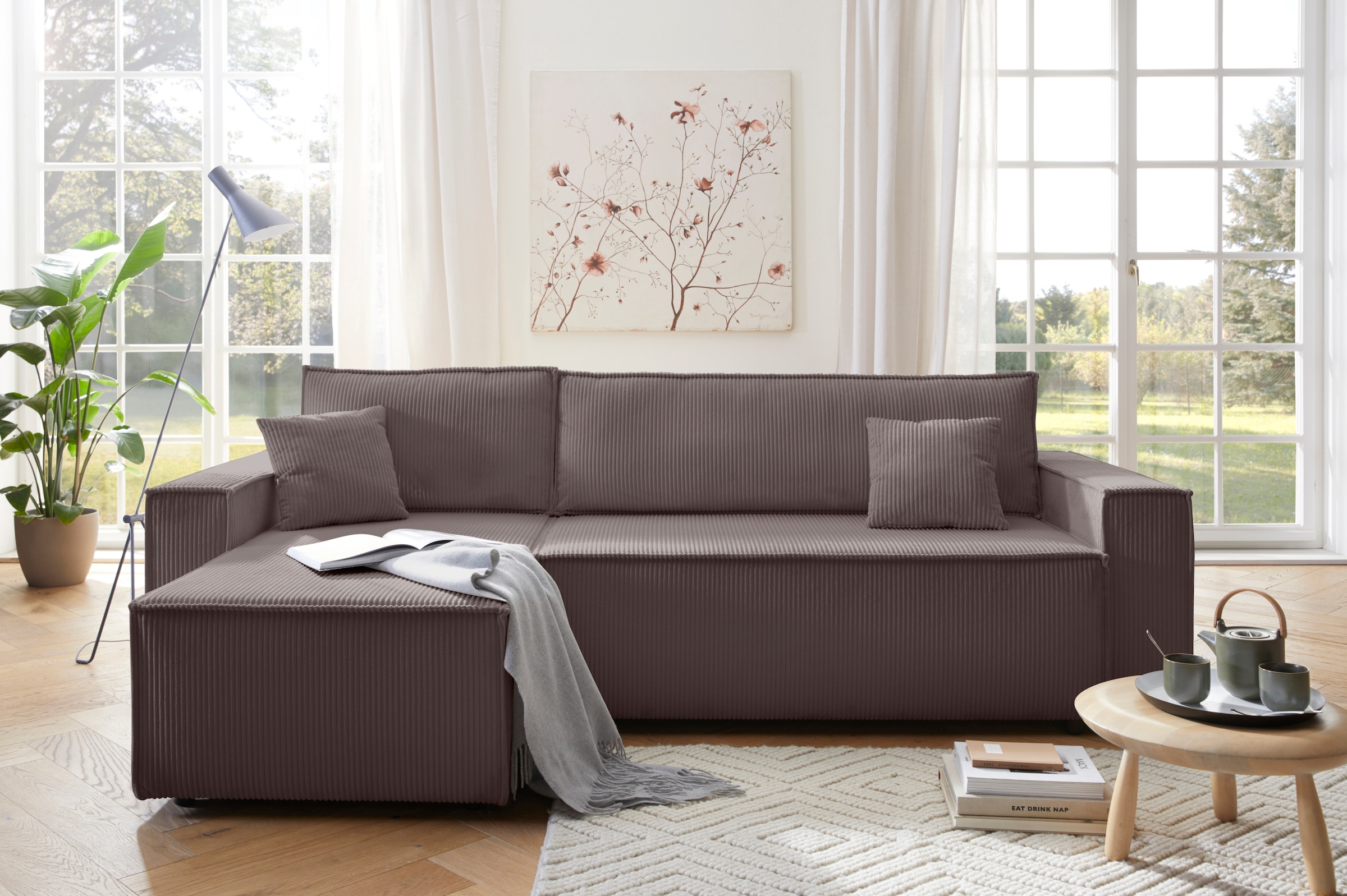 GOODproduct Ecksofa »CASSI, 241cm, L-Form, Schlafsofa, Bettkasten, Boxspringfederung, Cord« Schlaffunktion (133/200) ,Bettkasten, Recamiere links/rechts, Cord
