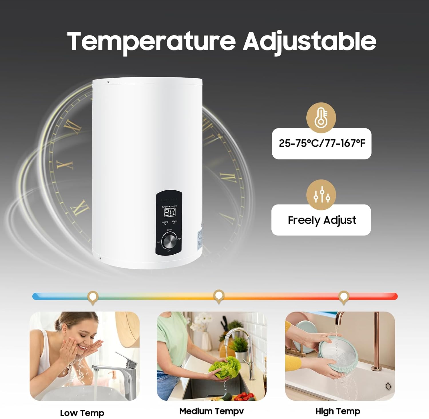 Warmwasserboiler 30L/50L/60L/70L - Elektrischer Warmwasserbereiter für Küche 2000W Vertikal Warmwasserspeicher 0.7MPa 25-75°C Temperatur einstellbar (30L)
