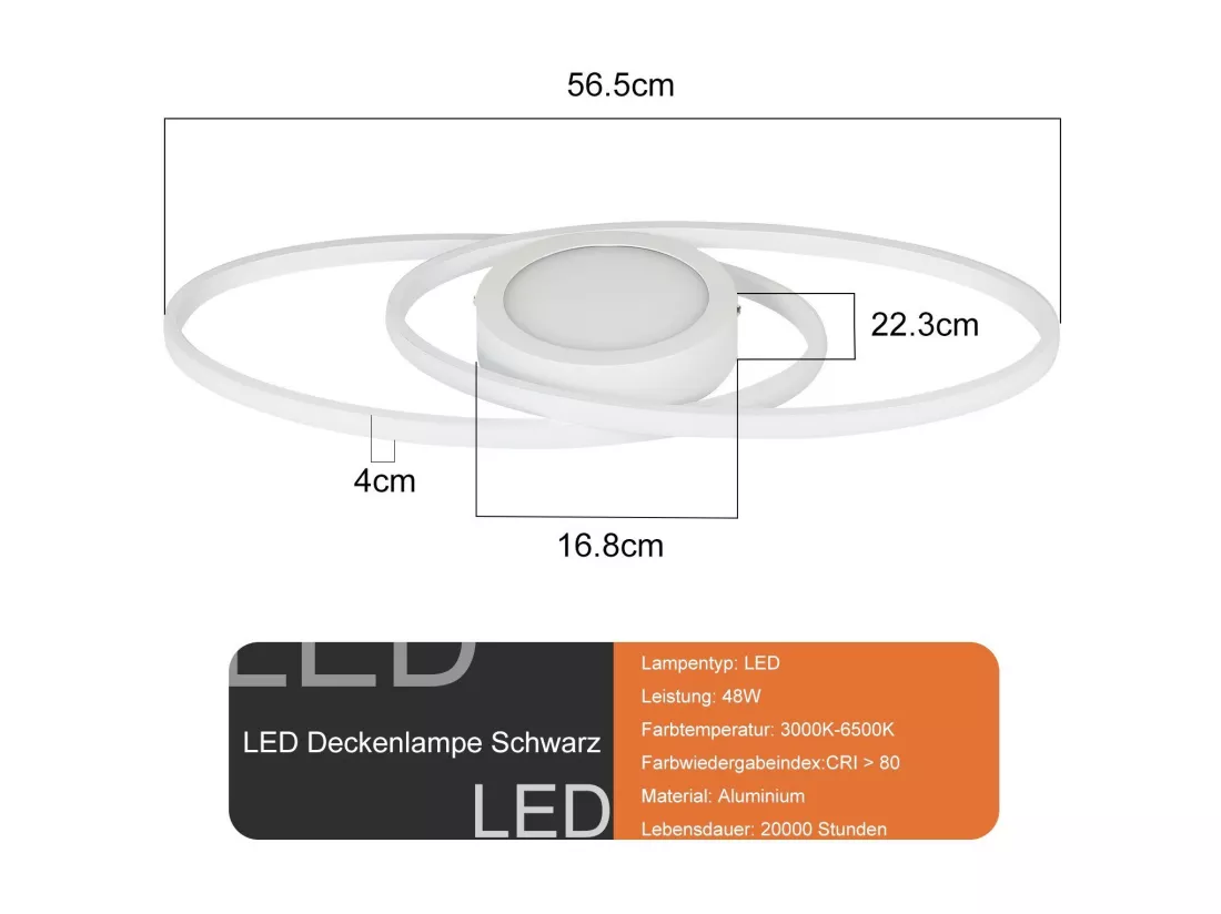 NETTLIFE Plafonnier LED Ovale 48 W Dimmable Blanc avec Télécommande 3000 K - 6500 K Moderne pour Chambre à coucher Chambre d'enfant Bureau