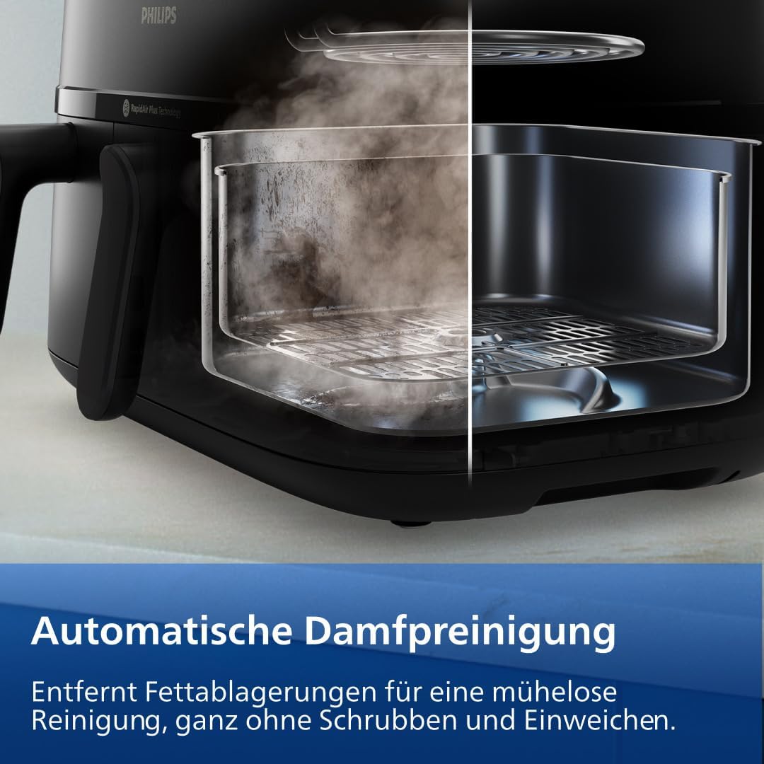 Philips Steam Airfryer 5000 Series Dual Basket Heißluftfritteuse mit Dampfgar-Funktion & 2 Körben – Steam, Airfry, SteamFry, 9L (3L+6L), RapidAir Plus, automatische Dampfreinigung (NA550/00)