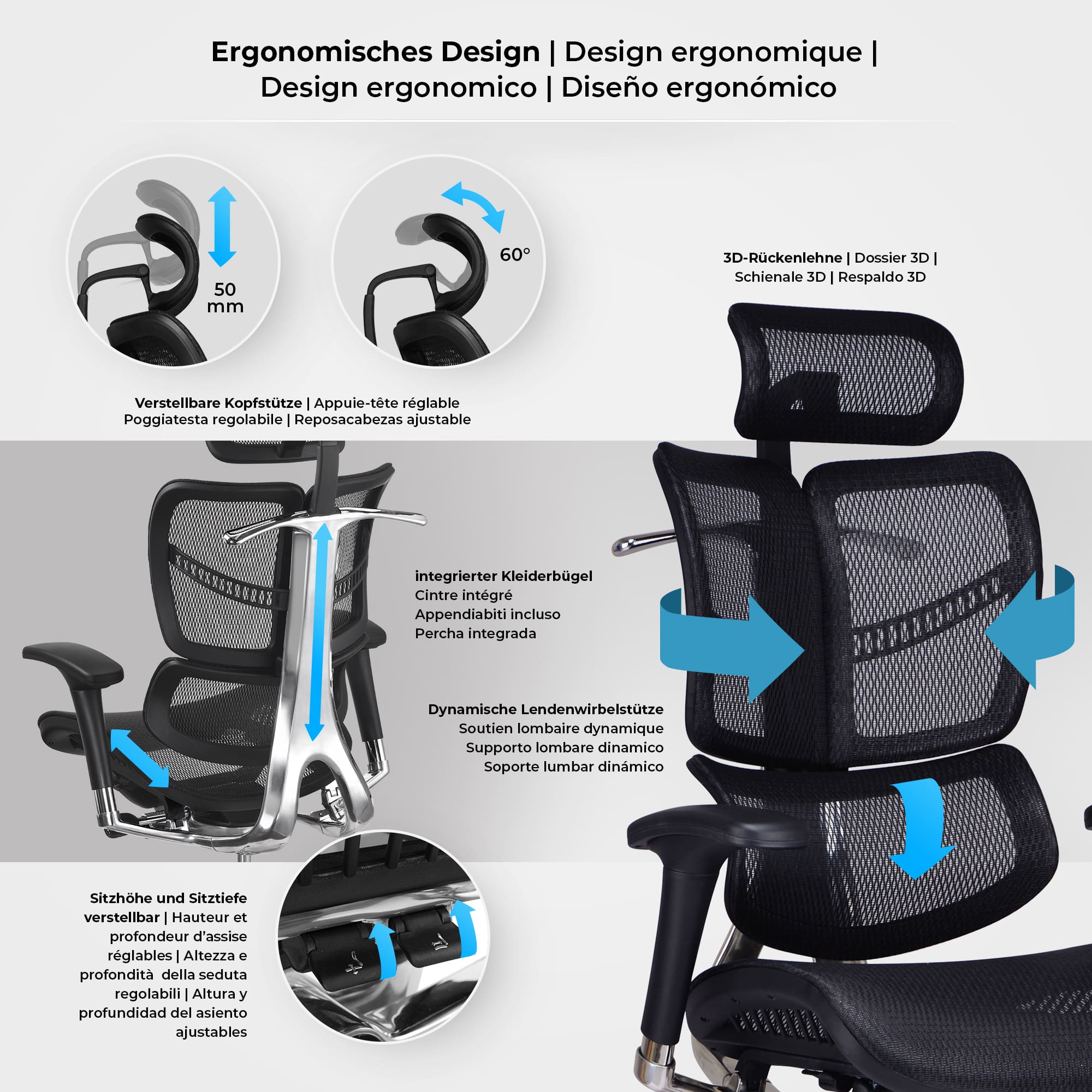 CLP Bürostuhl Norfolk Ergonomic I Ergonomischer Schreibtischstuhl I Kopfstütze