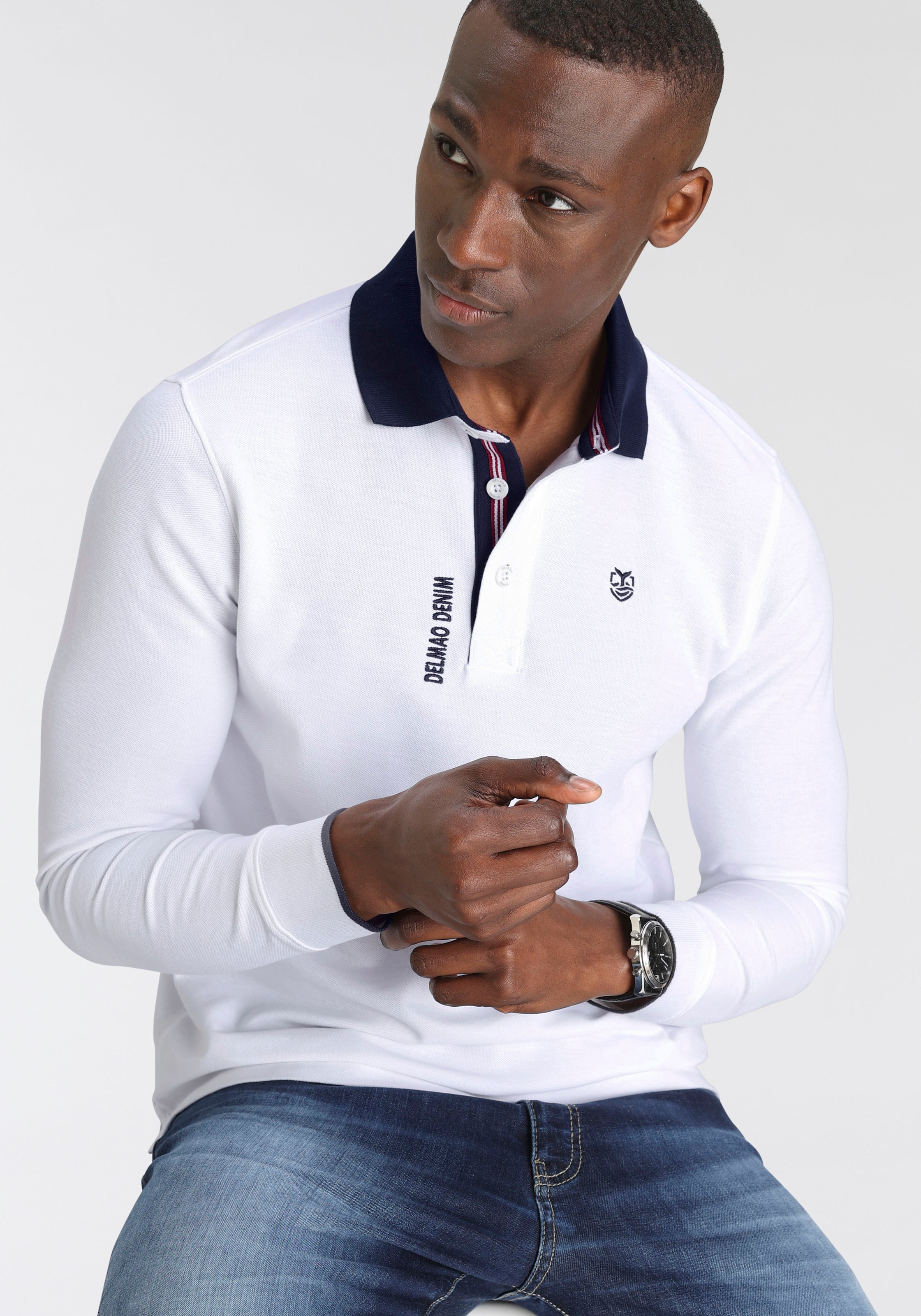 DELMAO Langarm-Poloshirt , Langarm,  aus atmungsaktivem Piqué-Stoff,  Polokragen