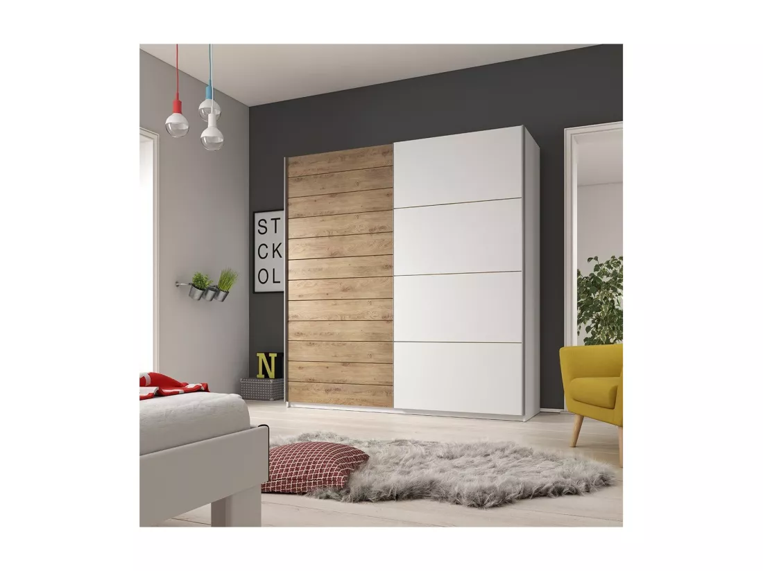 Armoire 2 portes coulissantes 220cm couleur chêne et blanc. Collection FLOYD