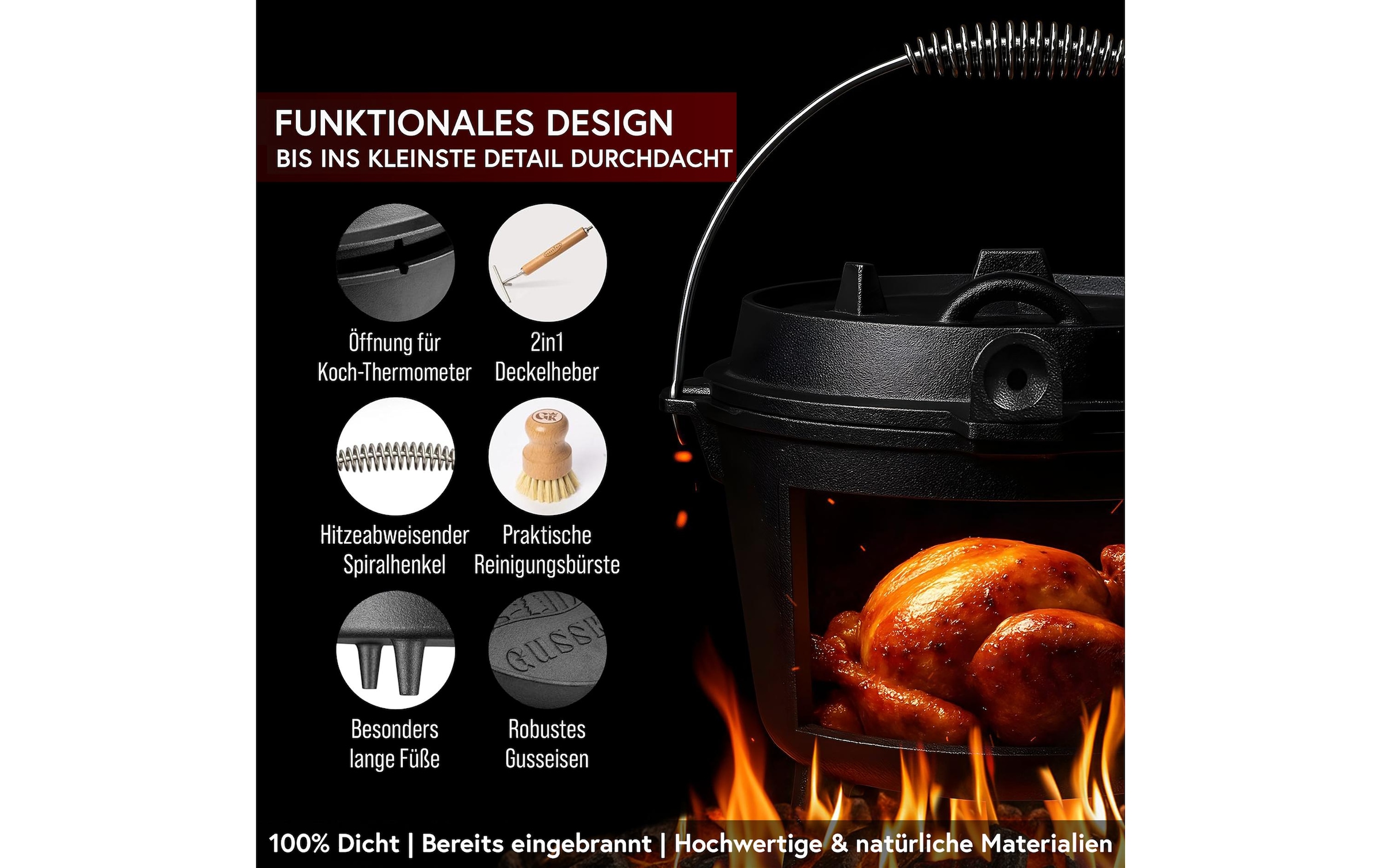 Grilltopf »Gusskoenig Dutch Oven Set 4,5 l mit Deckelheber, Bürste« Gusseisen