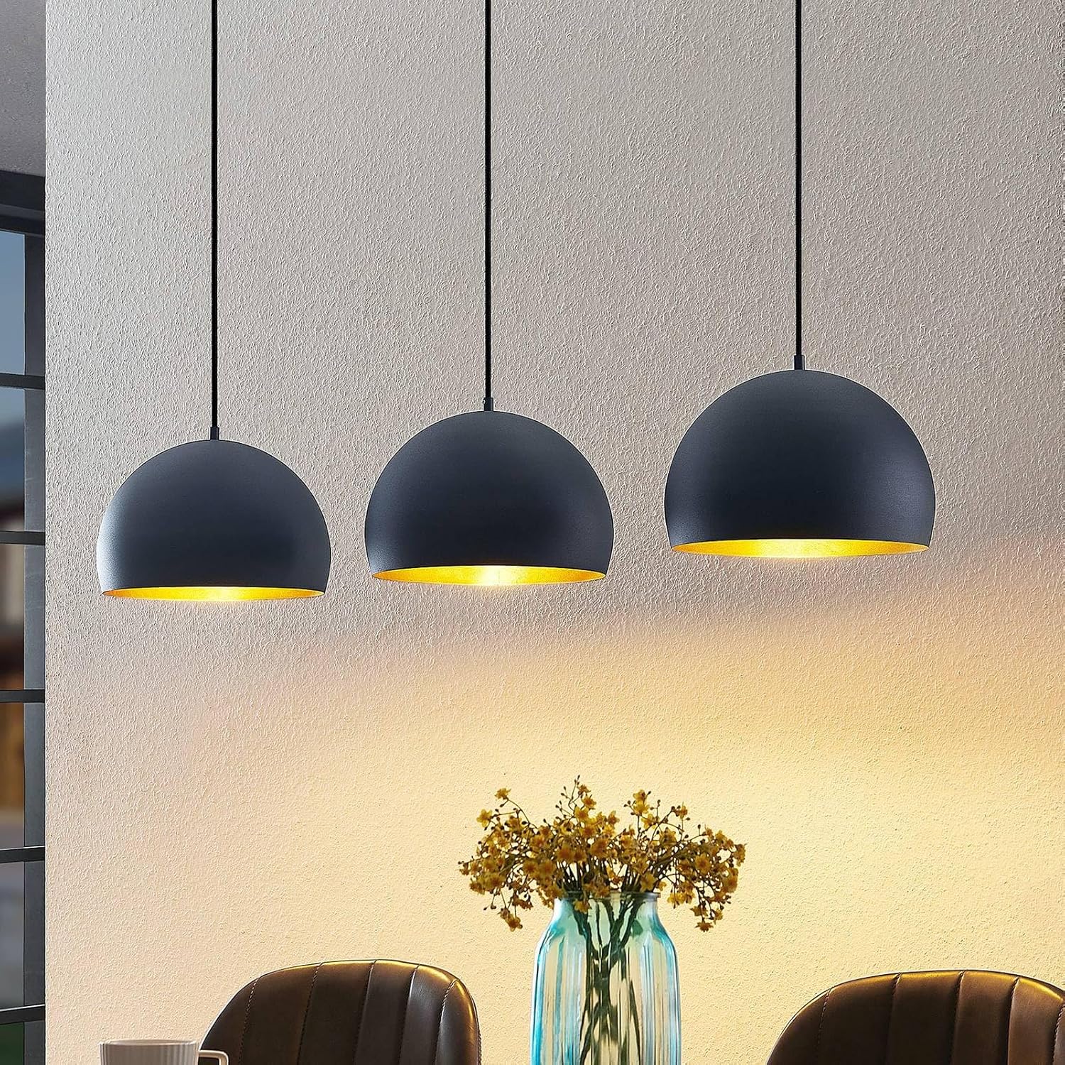 Lindby Esstisch Pendelleuchte schwarz gold Metall, Hängeleuchte Esszimmer 3x E27 ohne Leuchtmittel Hängelampe Wohnzimmer Pendellampe Esszimmerlampe