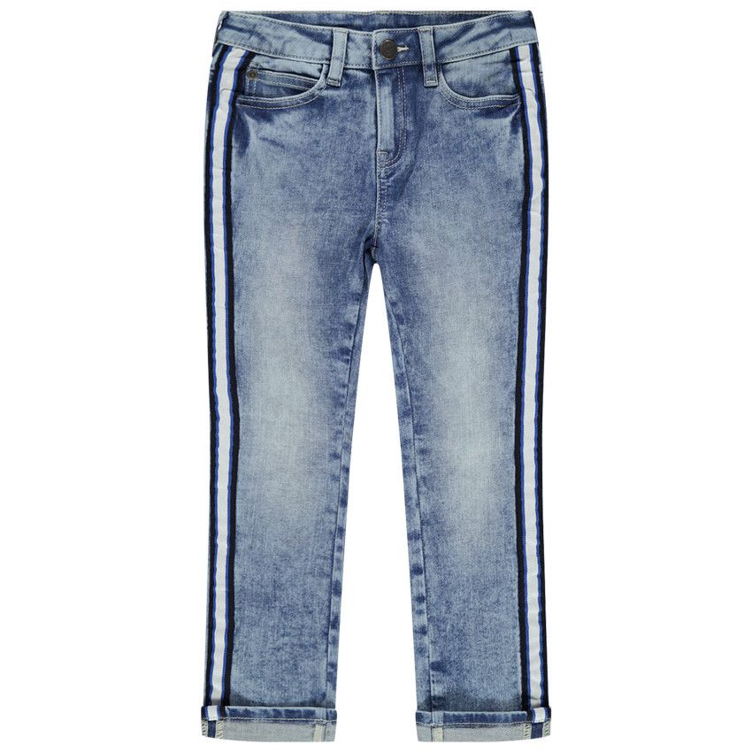 Jean slim effet used et crinkle à bandes appliquées - Bleu