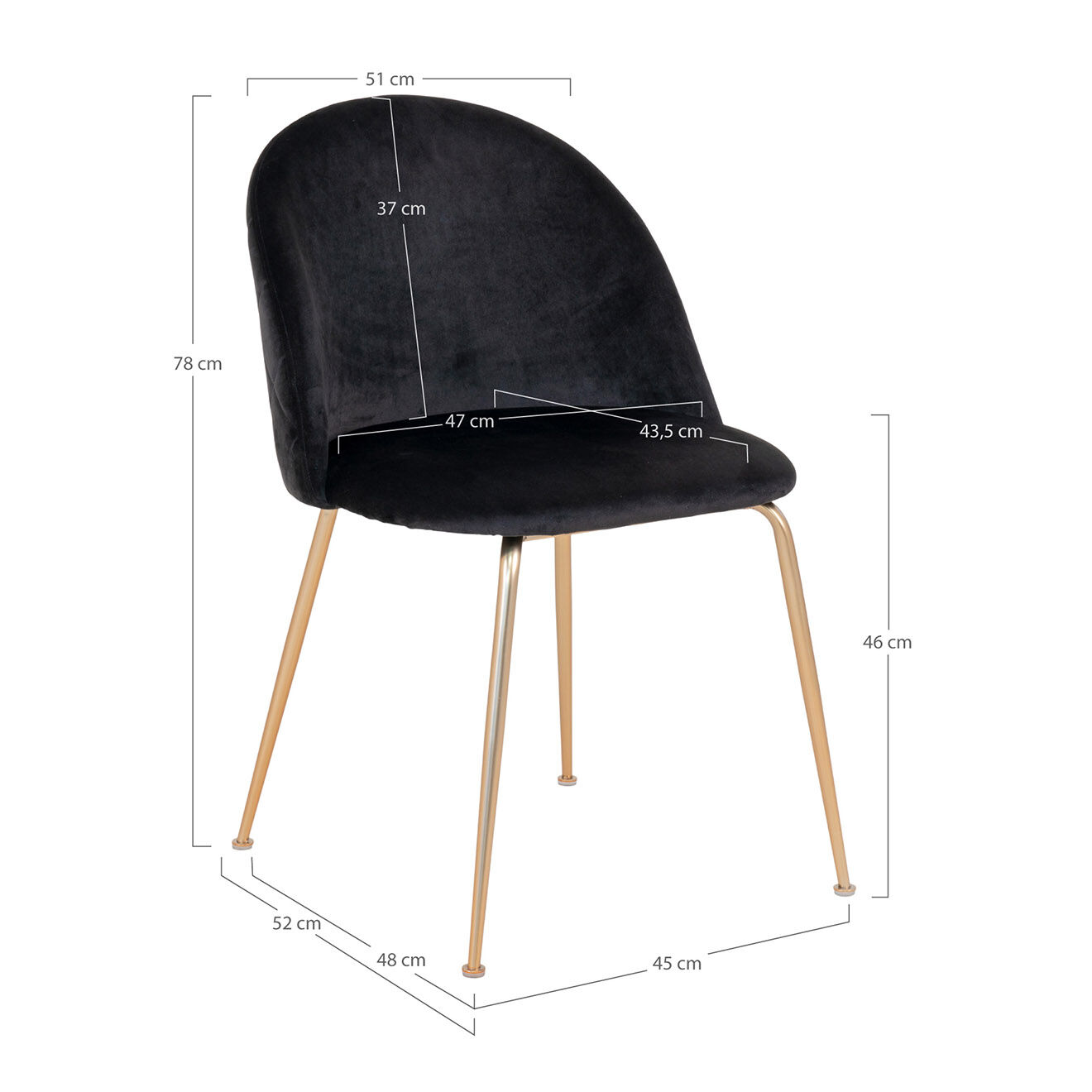 House Nordic 2 Chaises en velours pieds en laiton Geneve noires - 52x51x78 cm