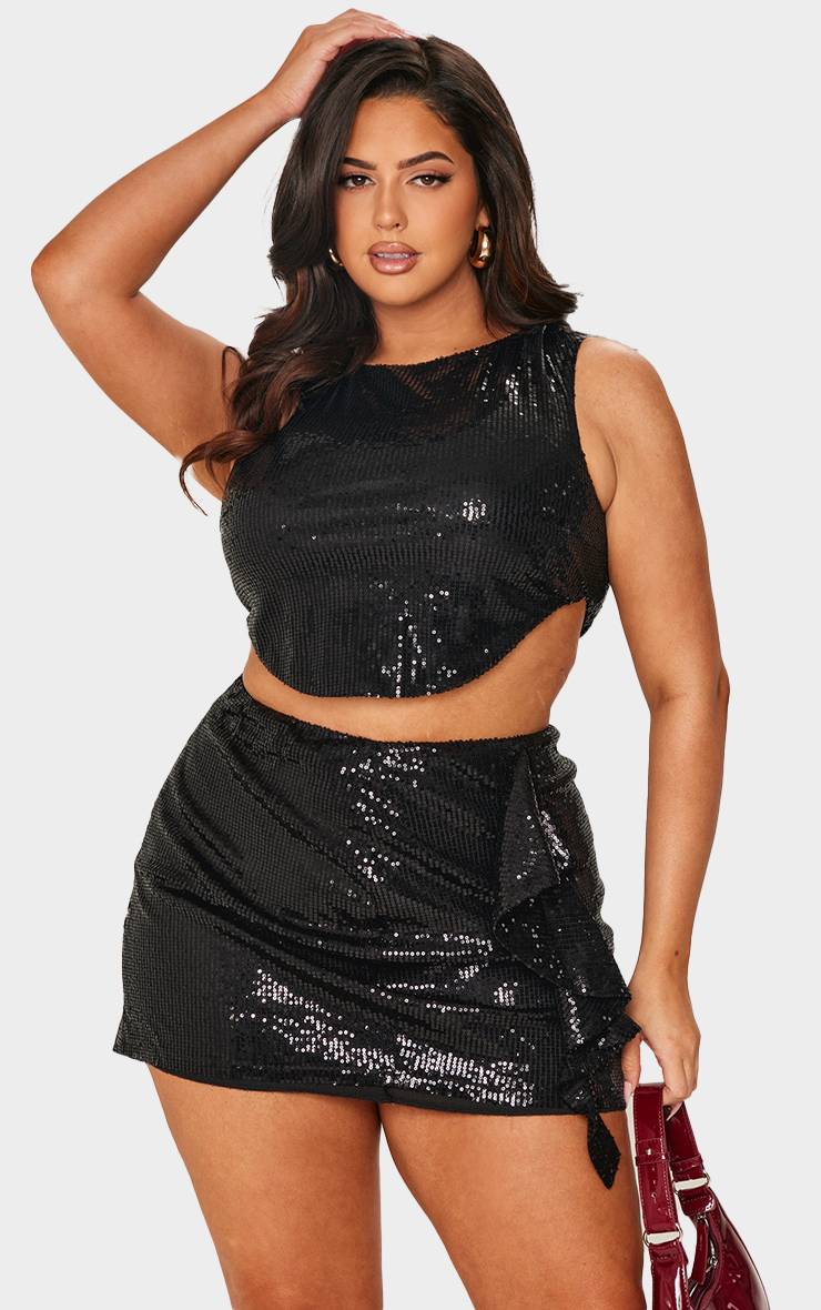 Noir Haut Court Grande Taille À Ourlet Asymétrique Et Sequins