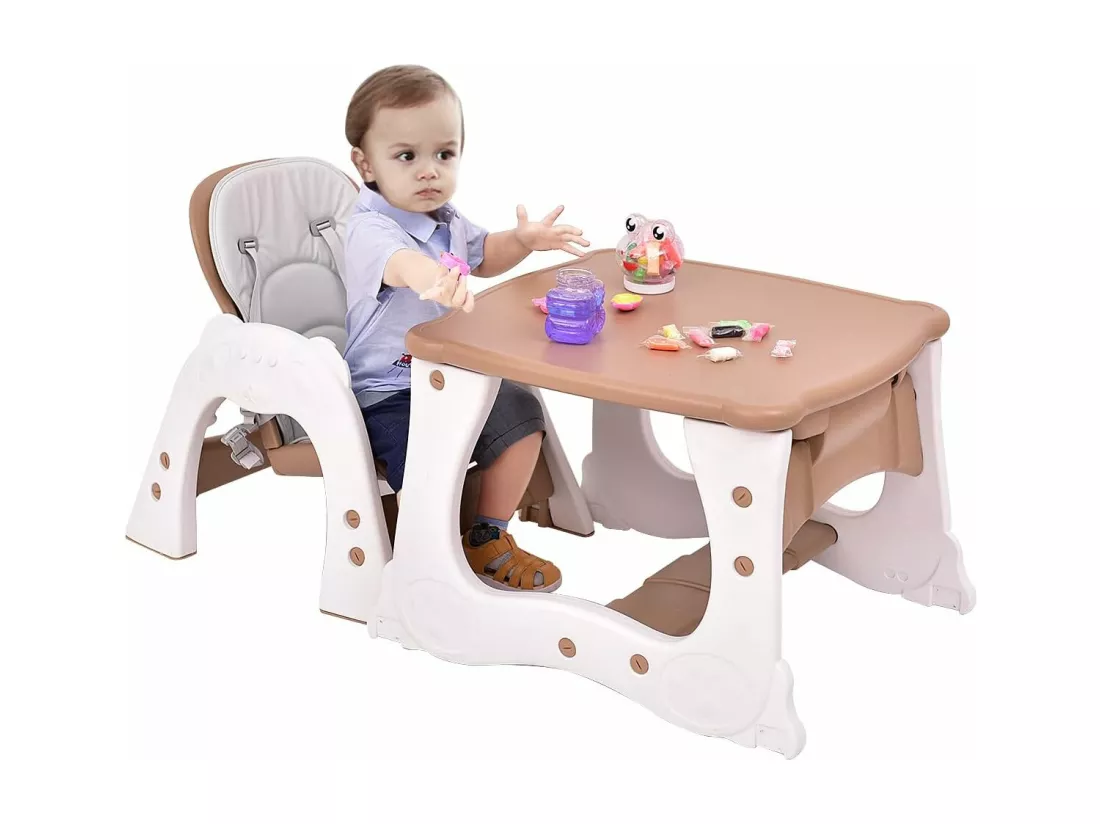 3 en 1 Chaise Haute Convertible pour Bébé 6-36 Mois, Table et Chaise pour Enfant avec Plateau, Dossier Réglable et Ceinture de Sécurité à 5 points (Café)