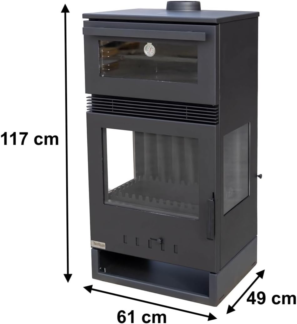 Kaminofen mit Backfach Panoramakamin Dreiseitig Glas 3 Scheiben Teba TKS 15 Verglast 3 Seiten Holzofen 12,8 kW Kamin Ofen Holz Holzherd Küchenofen