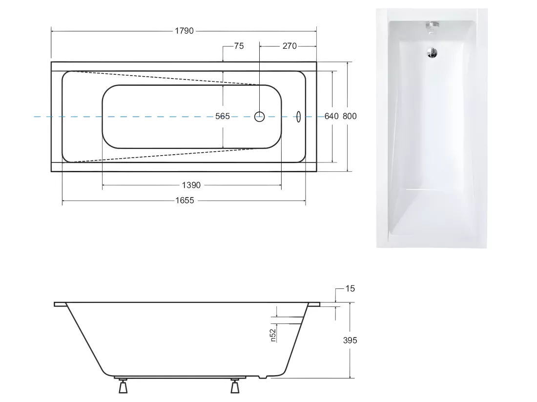 Baignoire rectangulaire blanche à encastrer + repose tête - MODERN SLIM - 180 cm x 70 cm