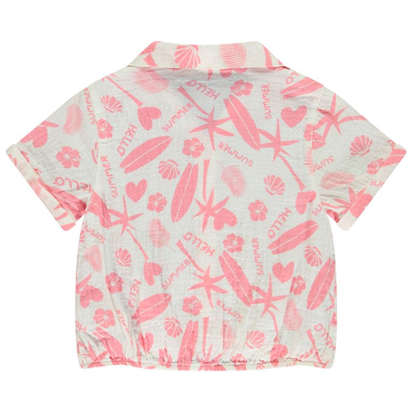 Chemise manches courtes en tetra imprimé exotique pour fille - Ecru