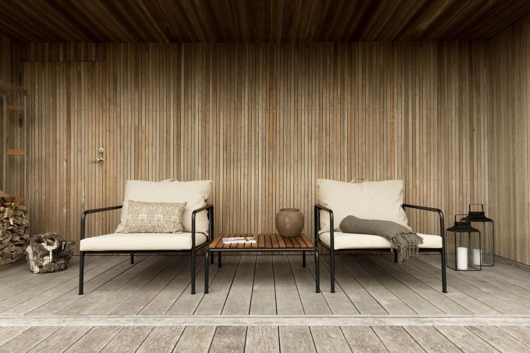 Houe Avon Lounge fauteuil frame zwart stof leaf heritage
