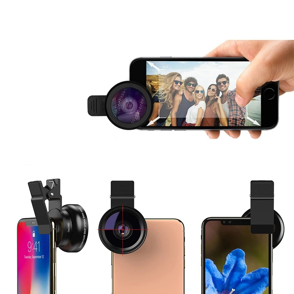 2in1 Kamera Teleobjektiv mit Clip (140° Weitwinkel / 12.5x Makro)   Aufbewahrungstasche - Schwarz