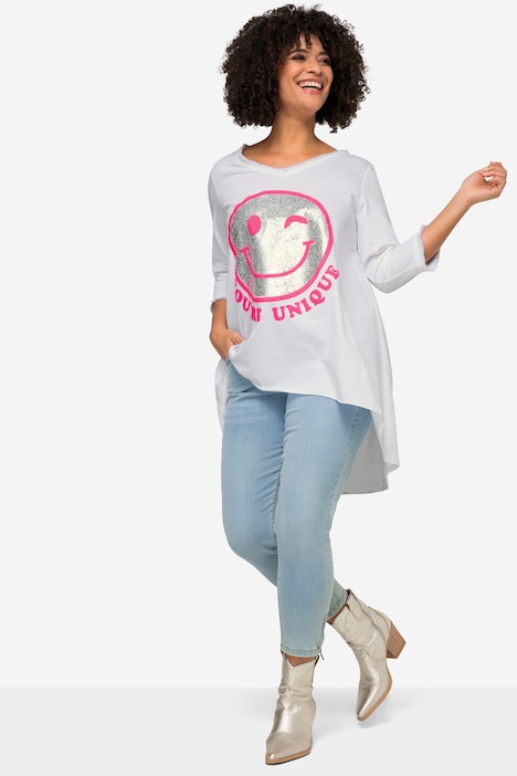 Longshirt, Smiley, Rundhals, Langarm, gerundeter Saum
