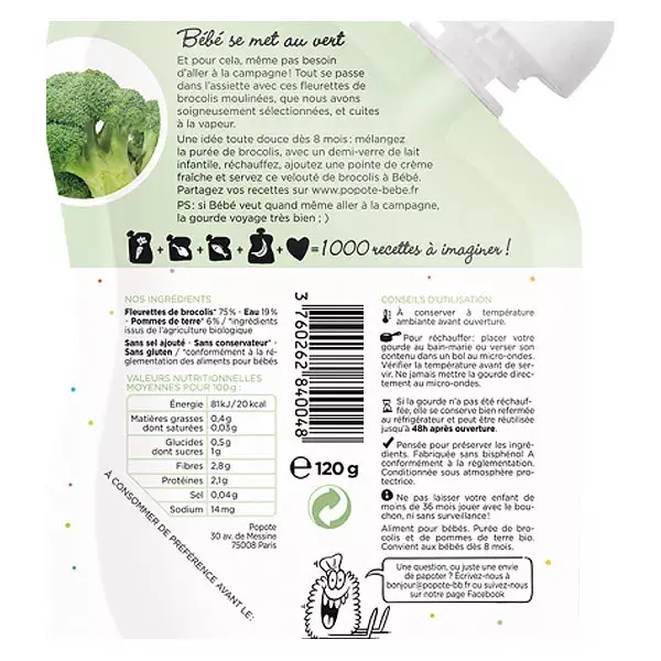 Sachê de Vegetais Popote Brócolis +8m Orgânico 120g
