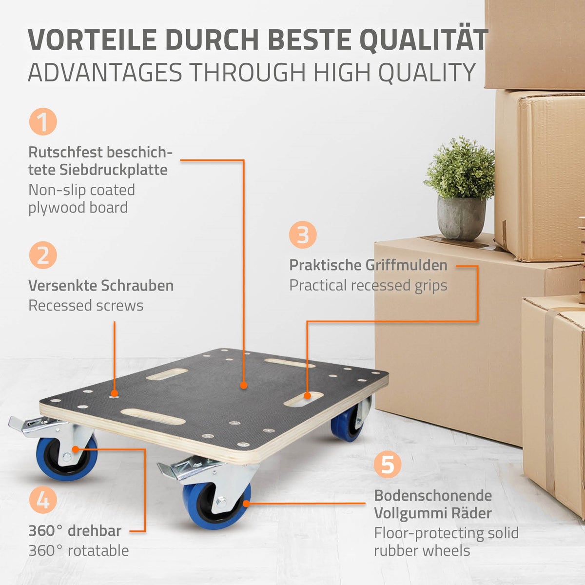 ECD Duitsland Transport Dolly met 2x blokkeerremmen 40 x 60 cm tot 800 kg Zeefdrukplaat - PP Wielen Dolly Meubel Dolly Transporthulp voor het verplaatsen van meubels Transport Meubel Hondenkar Roller Transporter