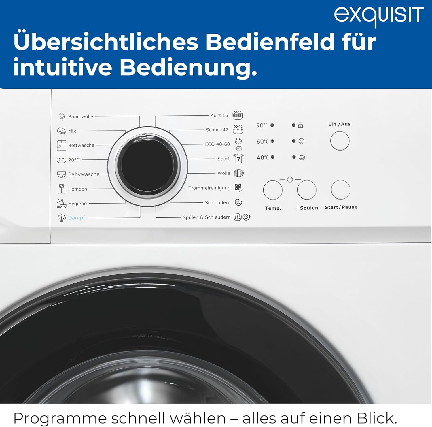 Exquisit Waschmaschine | 6 kg Nennkapazität, 1000 U/Min, Energieklasse A, 76 dB(A), 85 x 60 x 44 cm | 16 Programme, Eco 40-60, Kurzprogramm, manuelle Temperaturwahl, Aquastop | WA56110-020A weiss
