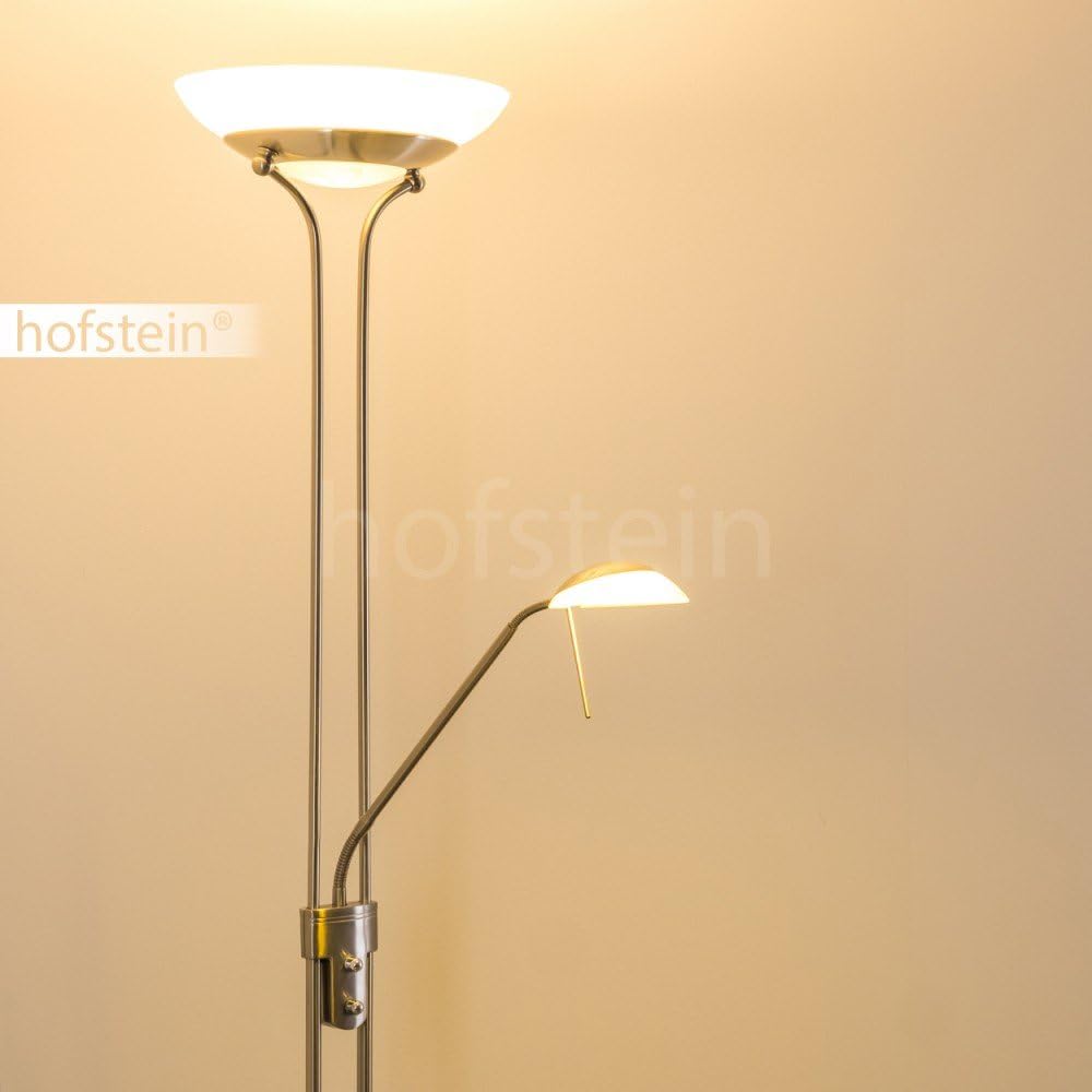 LED Stehlampe Biot, dimmbarer Deckenfluter aus Metall in Nickel-matt, 18 u. 5 Watt, 2070 Lumen (insgesamt), Lichtfarbe 3000 Kelvin (warmweiß), Standleuchte mit Dimmer u. verstellbarem Lesearm