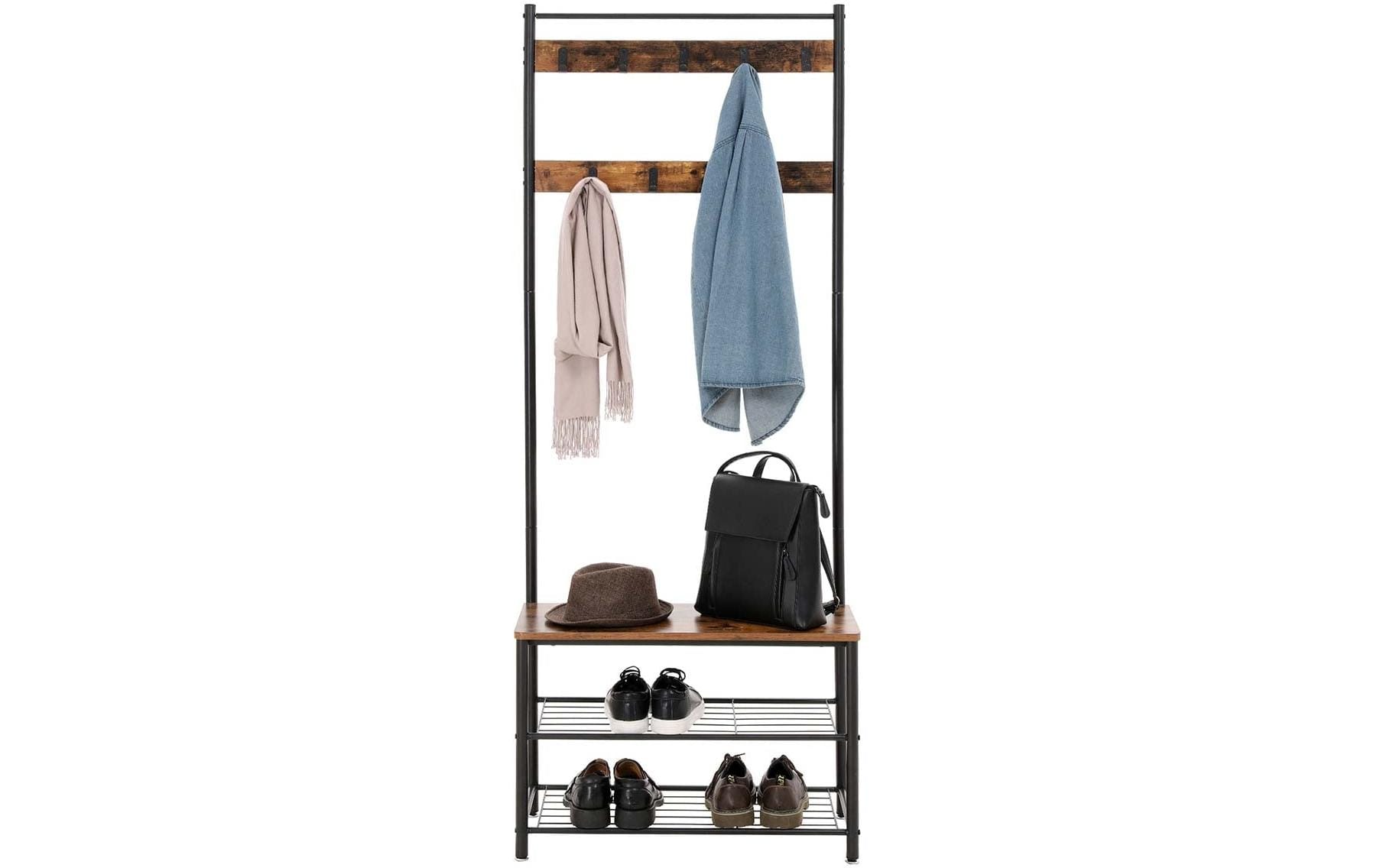 Garderobe mit Schuhablagen 175 cm, Braun/SchwarzKleiderständer mit Sitzbank