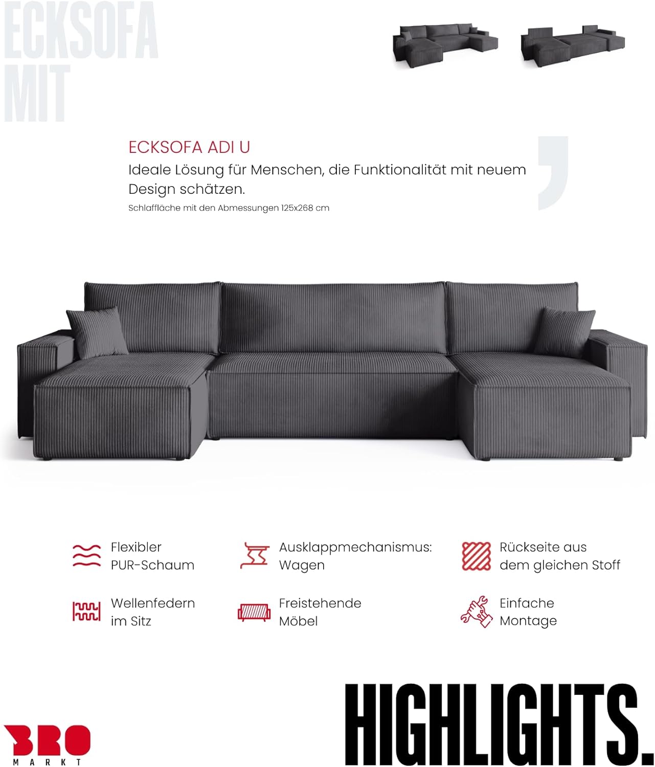 BROMARKT Ecksofa mit Schlaffunktion Cord Grau Wohnlandschaft u Form Big Sofa Schlafsofa mit Bettkasten Schlafcouch Wohnzimmer Couch 5 sitzer 312x143x85 cm ADI