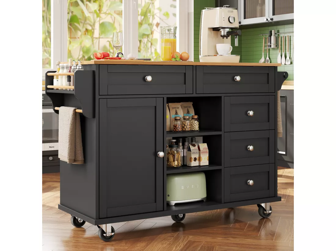 Ilot central de cuisine fixe avec une porte, 5 tiroirs et 3 compartiments ouverts - 134 x 46 x 92 cm - Bois MDF - Noir