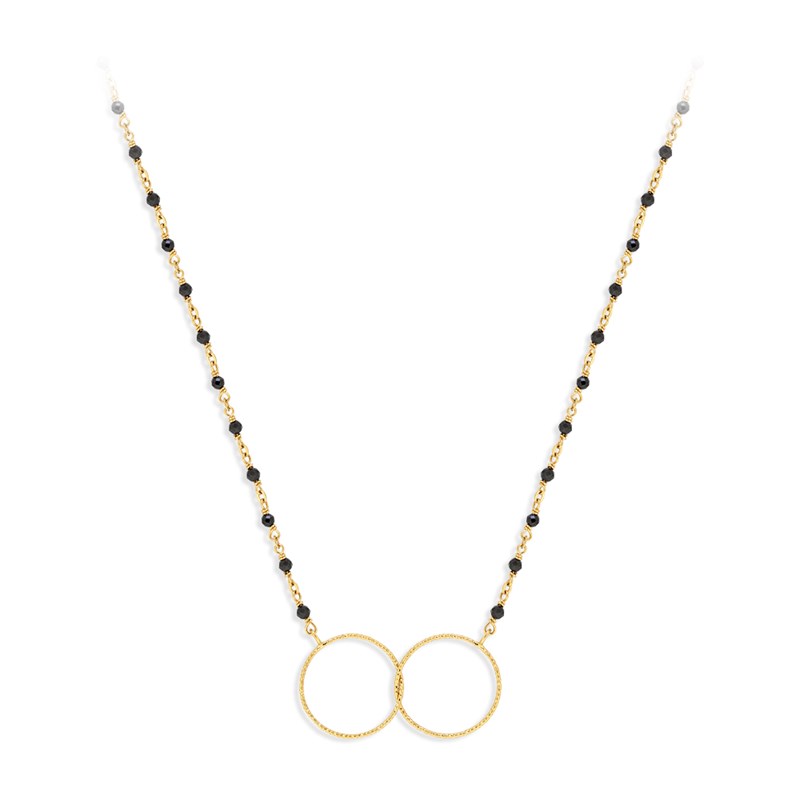 Collier Argent Doré Double Rond Et Pierre Spinelle Noire