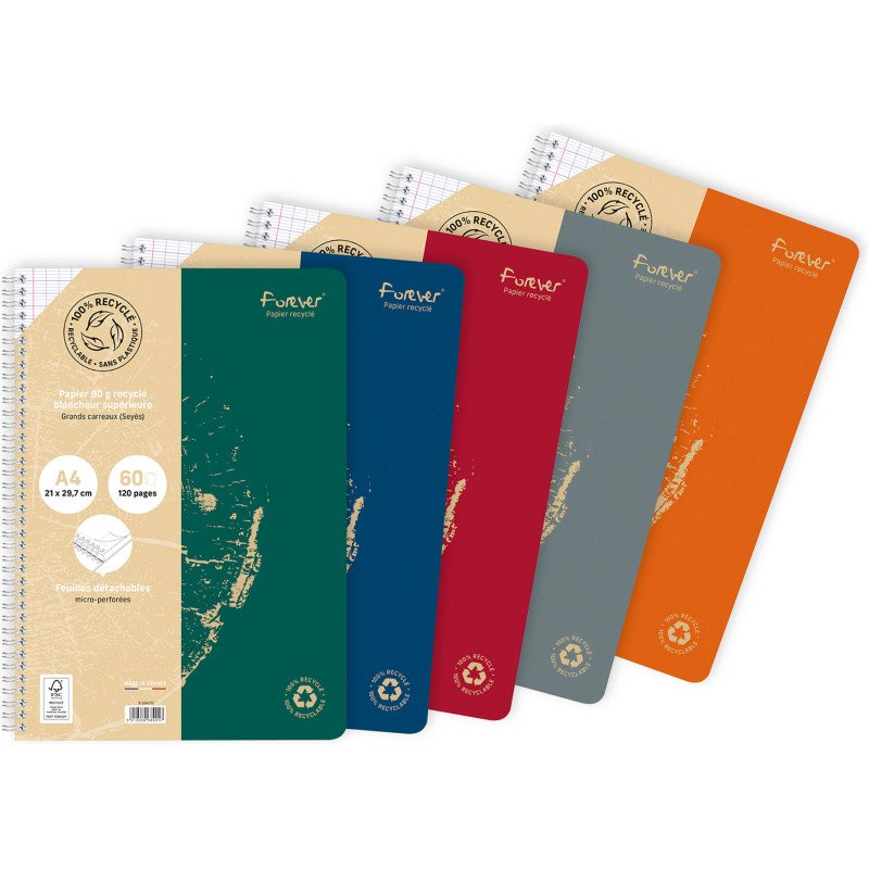 Cahier recyclé Forever Premium A4 - grands carreaux - 120 pages