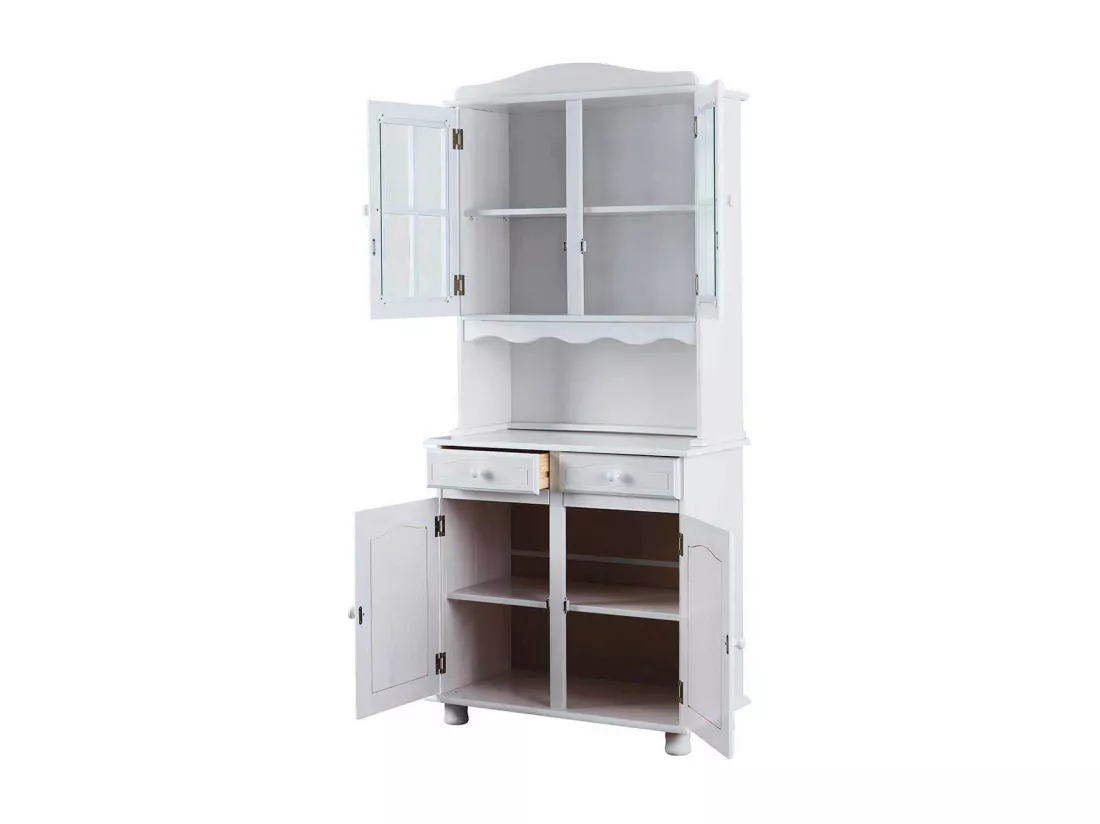 LAURIE - Buffet Vaisselier 4 Portes 2 Tiroirs Bois Massif Vernis Blanc