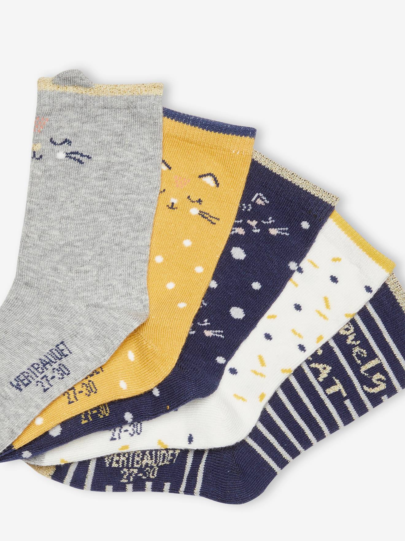 Pacote com 5 pares de meias de gato, tamanho infantil feminino, em dois tons de azul escuro/multicoloridas.