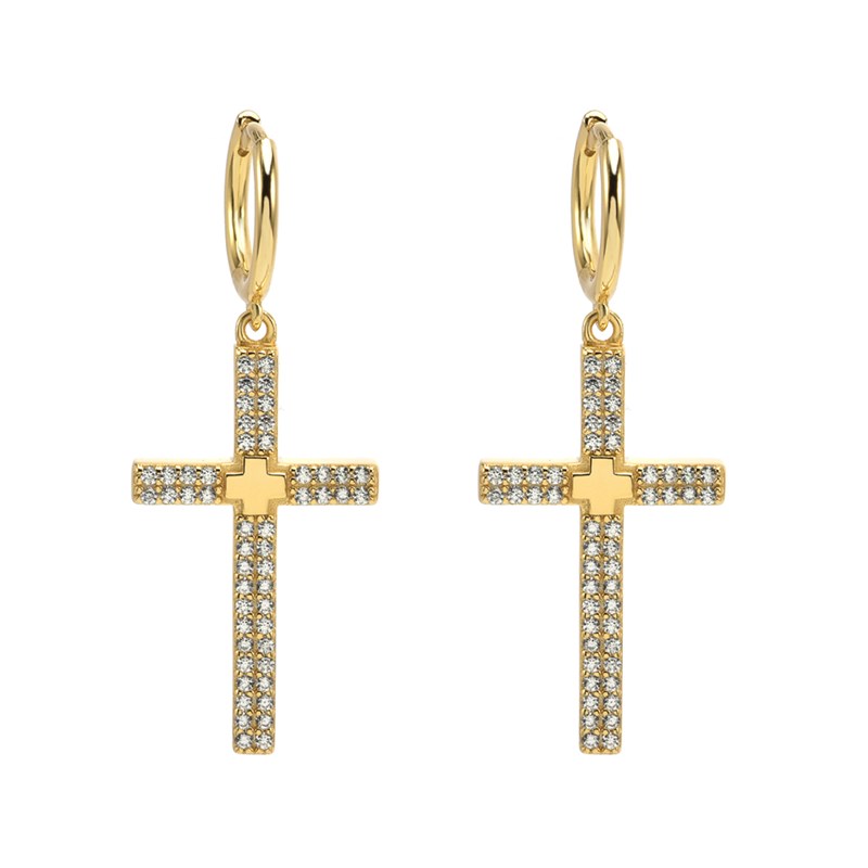 Boucles D'oreilles Argent Forme Croix Doré Sertie De Zirconium Blanc