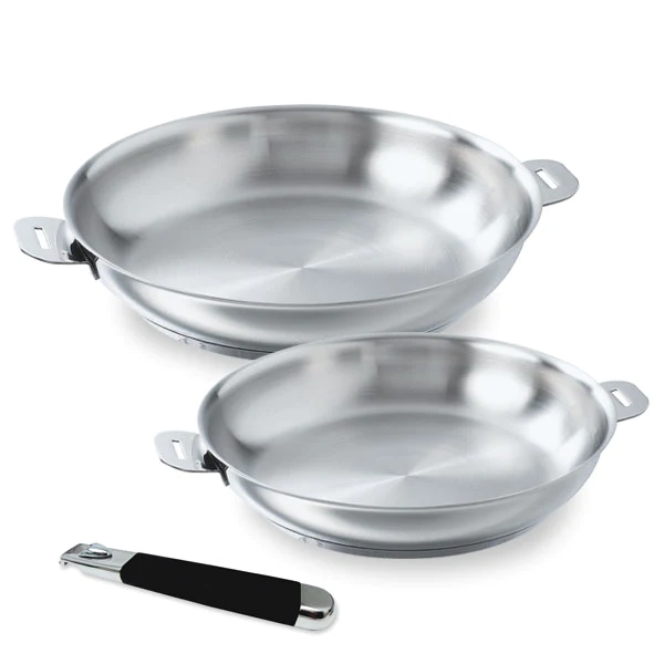 Lot 2 poêles tout inox Evolution 24 et 28 cm et manche silicone amovib