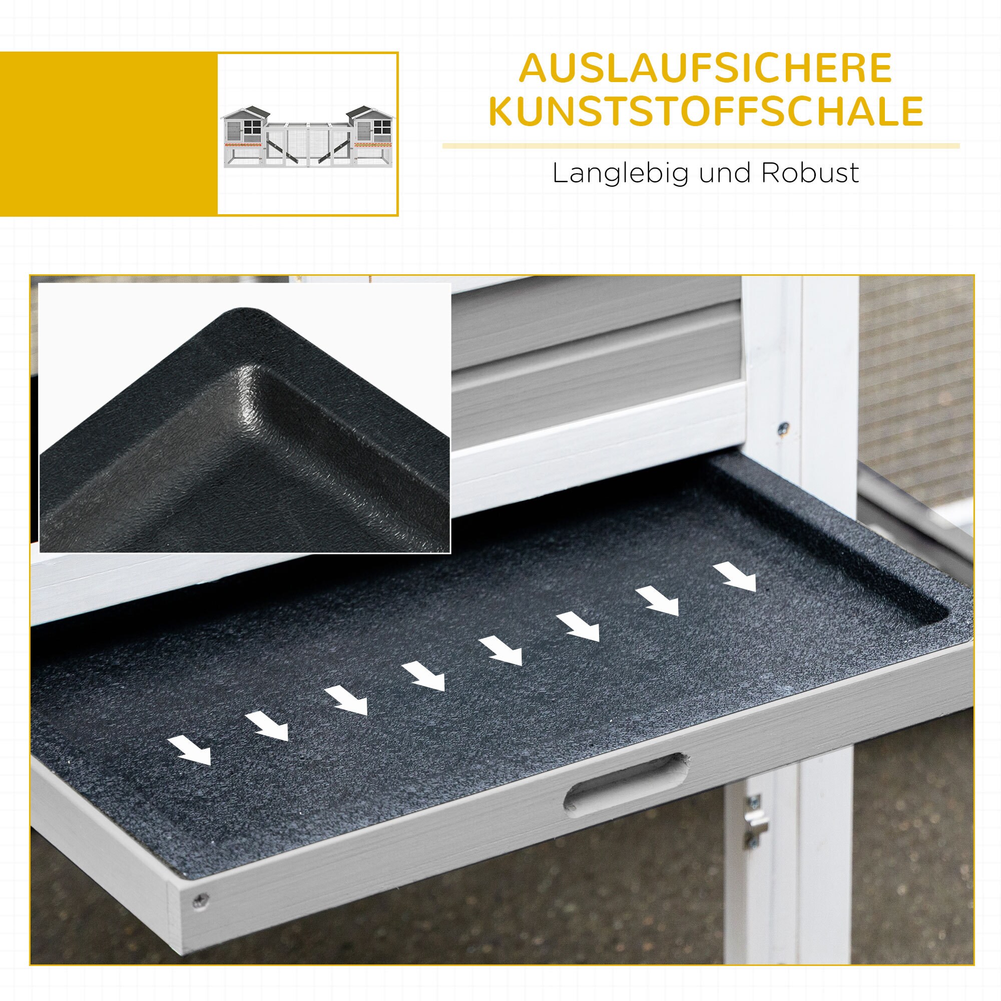 PawHut Kaninchenstall mit herausnehmbarer Bodenwanne grau, weiß 259L x 64B x 92H cm