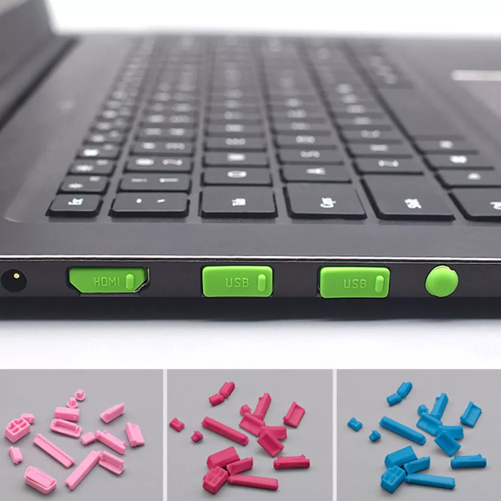 Anti Staub Silikon Schutzstecker Anschlusskappen für Laptop / Notebook mit USB A / 3.5mm Klinke / HDMI / VGA / Ethernet LAN - Schwarz
