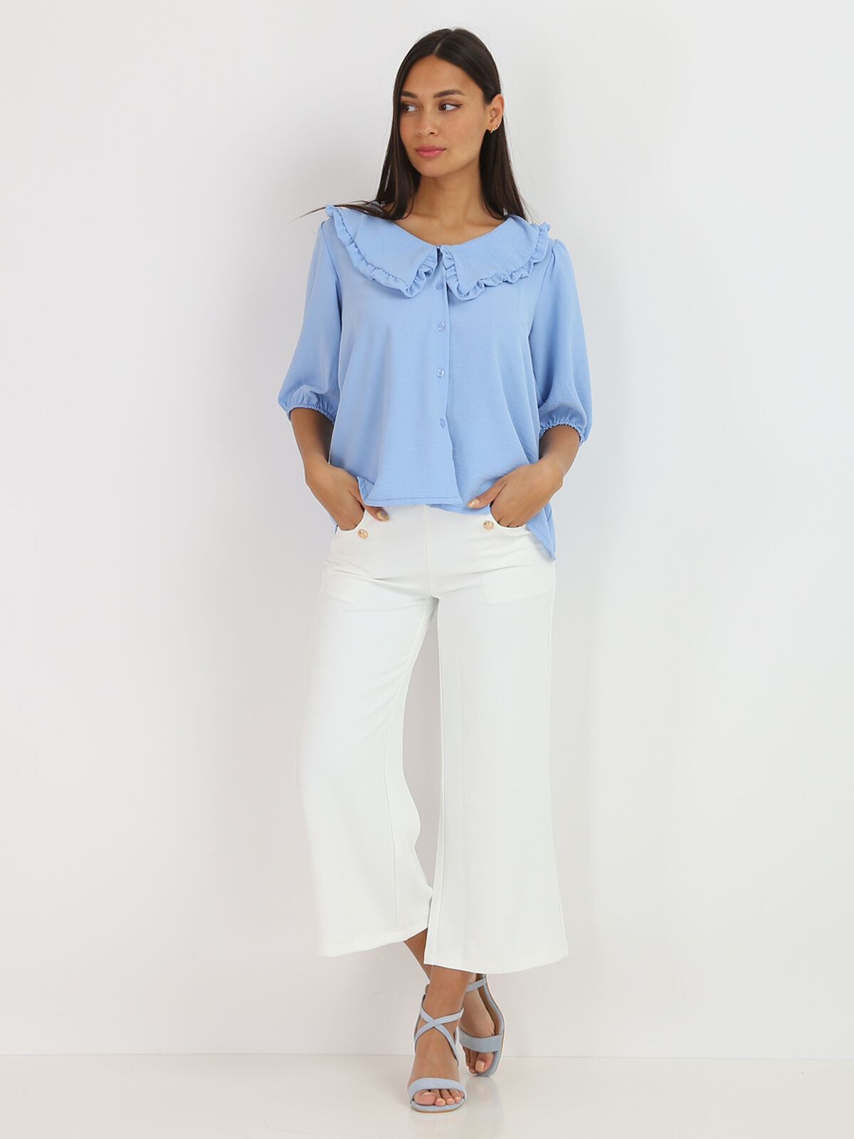 Chemisier fluide à col claudine XL- Bleu clair