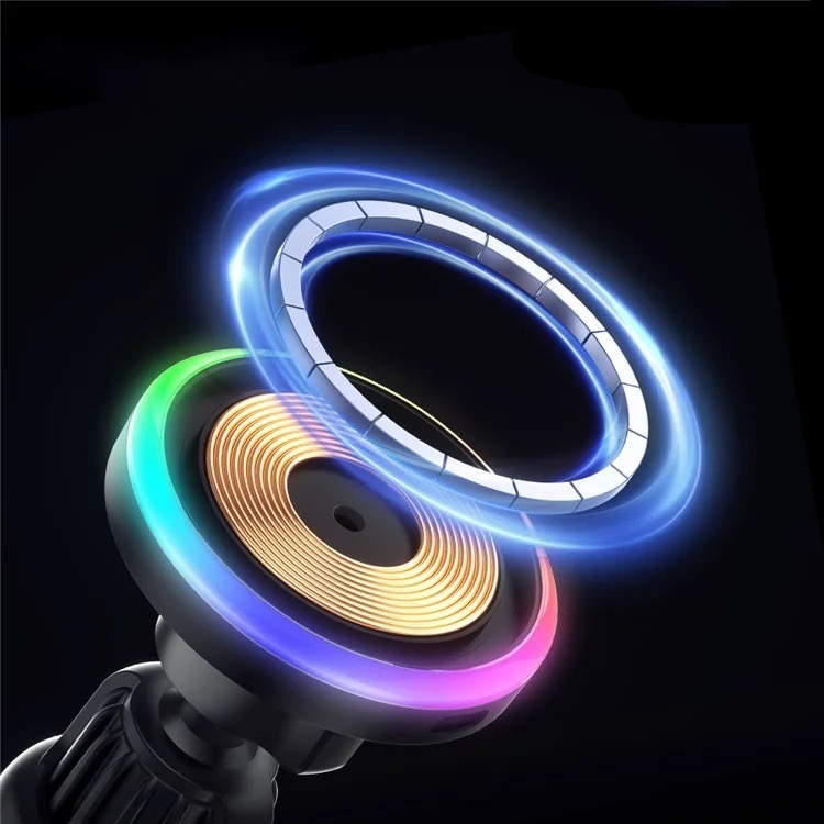 (15W) Selbstklebende MagSafe Auto KFZ Ladegerät Halterung Dashboard Smartphone Ständer für Lüftungsgitter Air Frame mit LED Beleuchtung - Schwarz