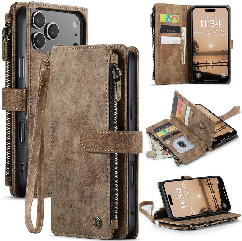Caseme - iPhone 17 Pro Max - PU Leren Hoesje - Bruin - Portemonnee