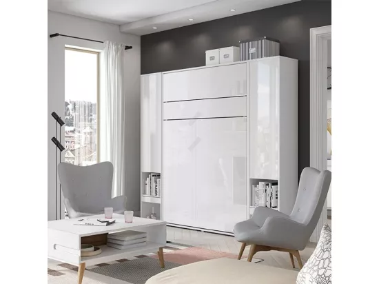 Lit escamotable vertical avec étagères blanc brillant Noby 90x200-