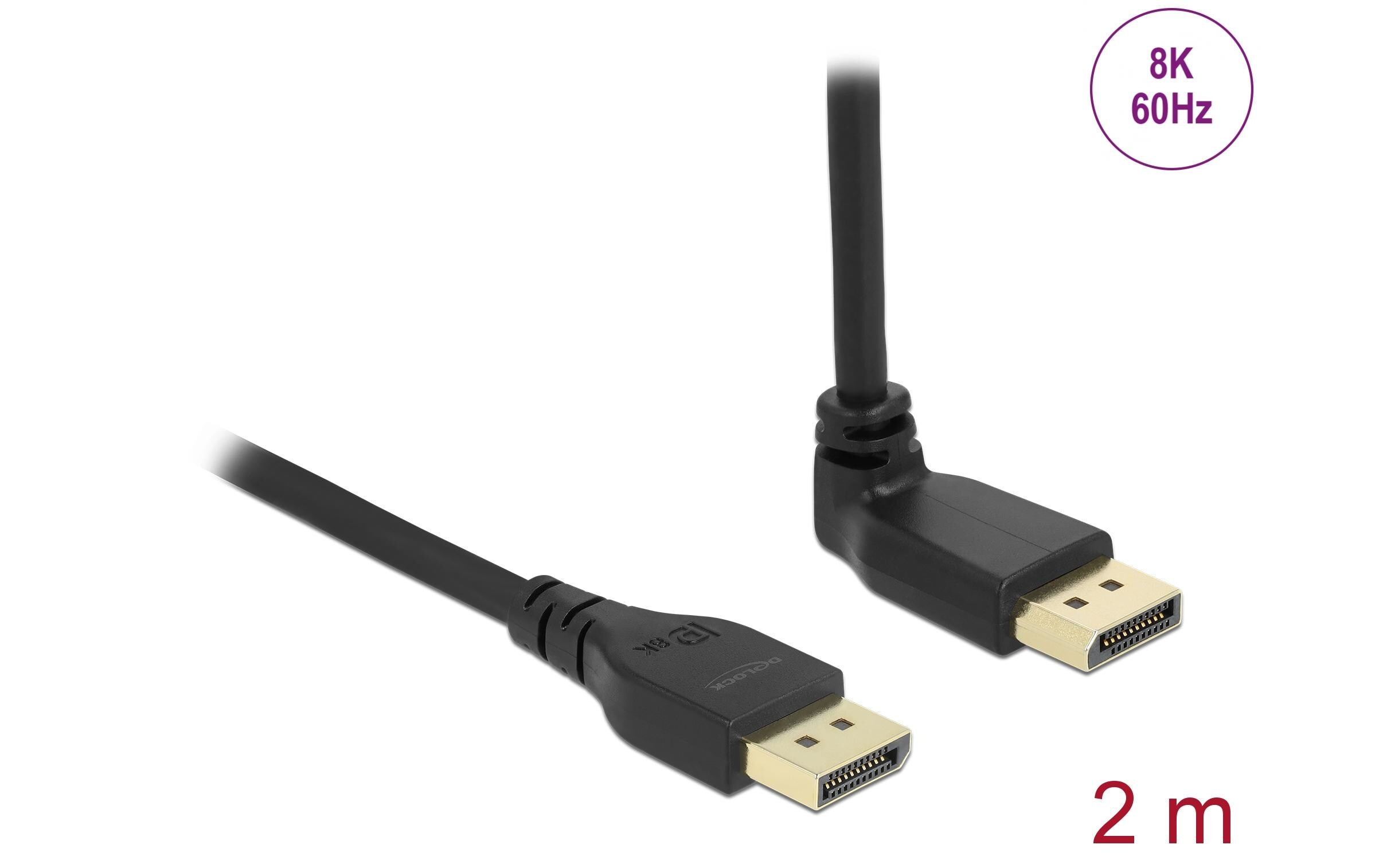 Kabel Oben gewinkelt DisplayPort - DisplayPort, 2 m, 8K 60HzDelock DisplayPort Kabel Stecker gerade zu Stecker 90° oben gewinkelt 8K 60 Hz 2 m ohne Einrastfunktion