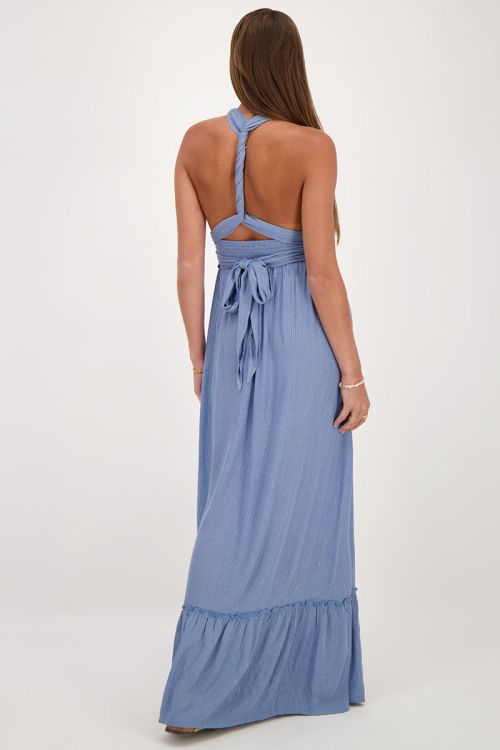 Blauwe multiway maxi jurk met lurex