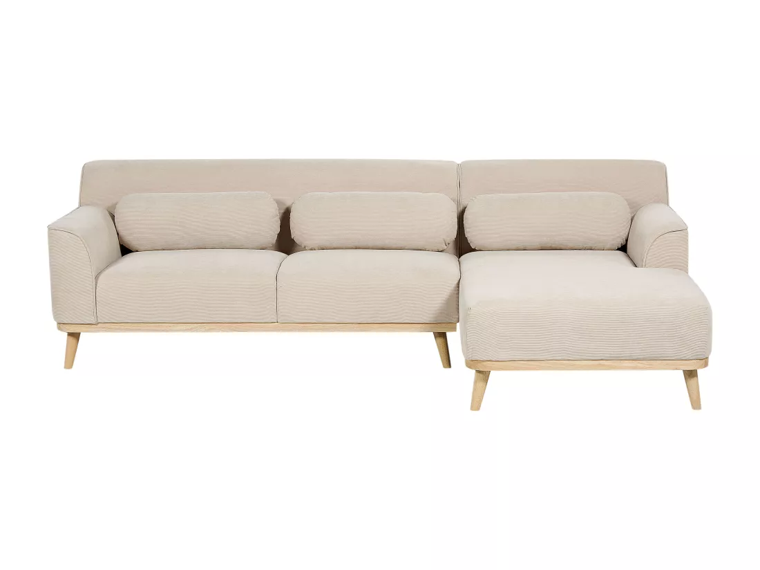 Canapé d'Angle Côté droite en Velours Côtelé Beige Bois d'Hévéa et d'Eucalyptus 3 Places Simos
