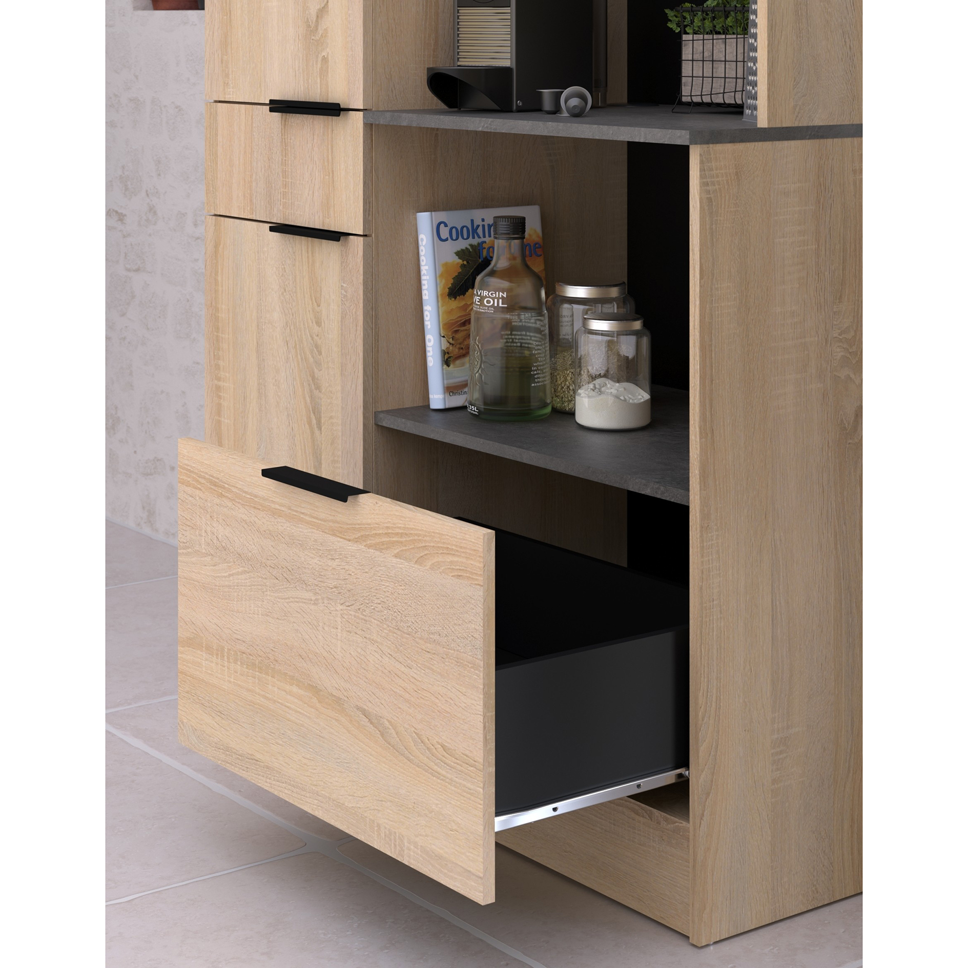 Küche und Buffet FUMAY 21 - Eiche - Beton-Optik - 200+100 cm