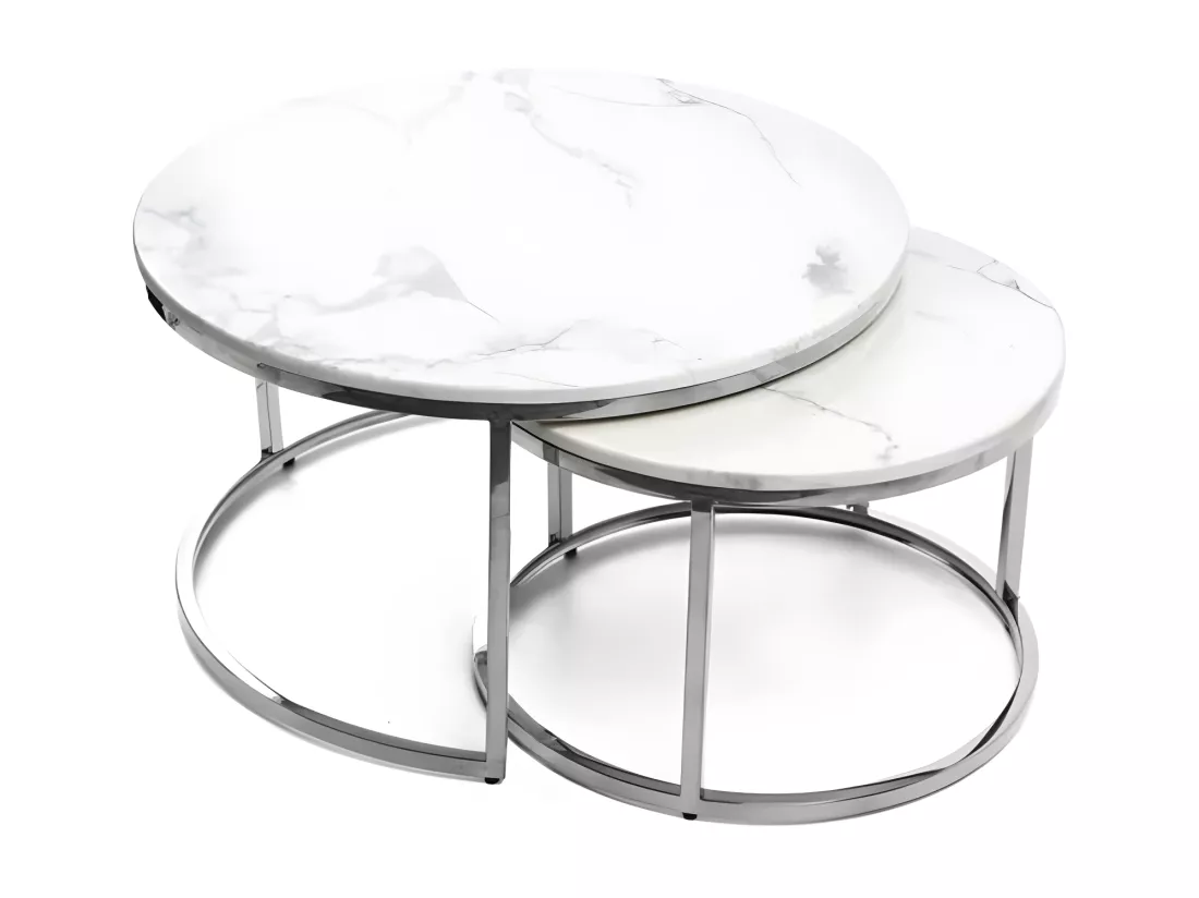 TABLE BASSE GIGOGNE CHROME VERRE MARBRE BLANC