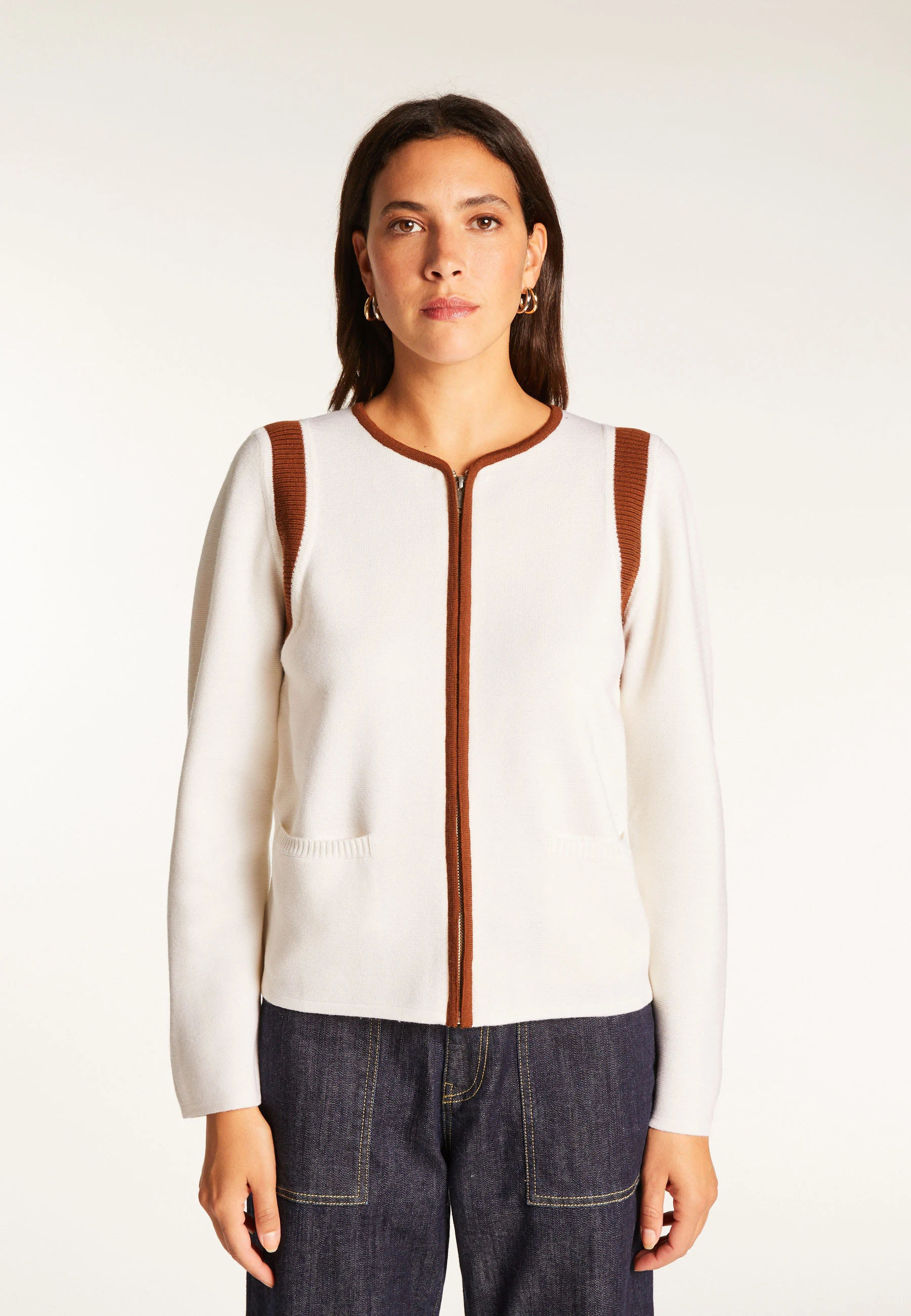 REINEAH24 - Veste zippée en laine mérinos | Blanc
