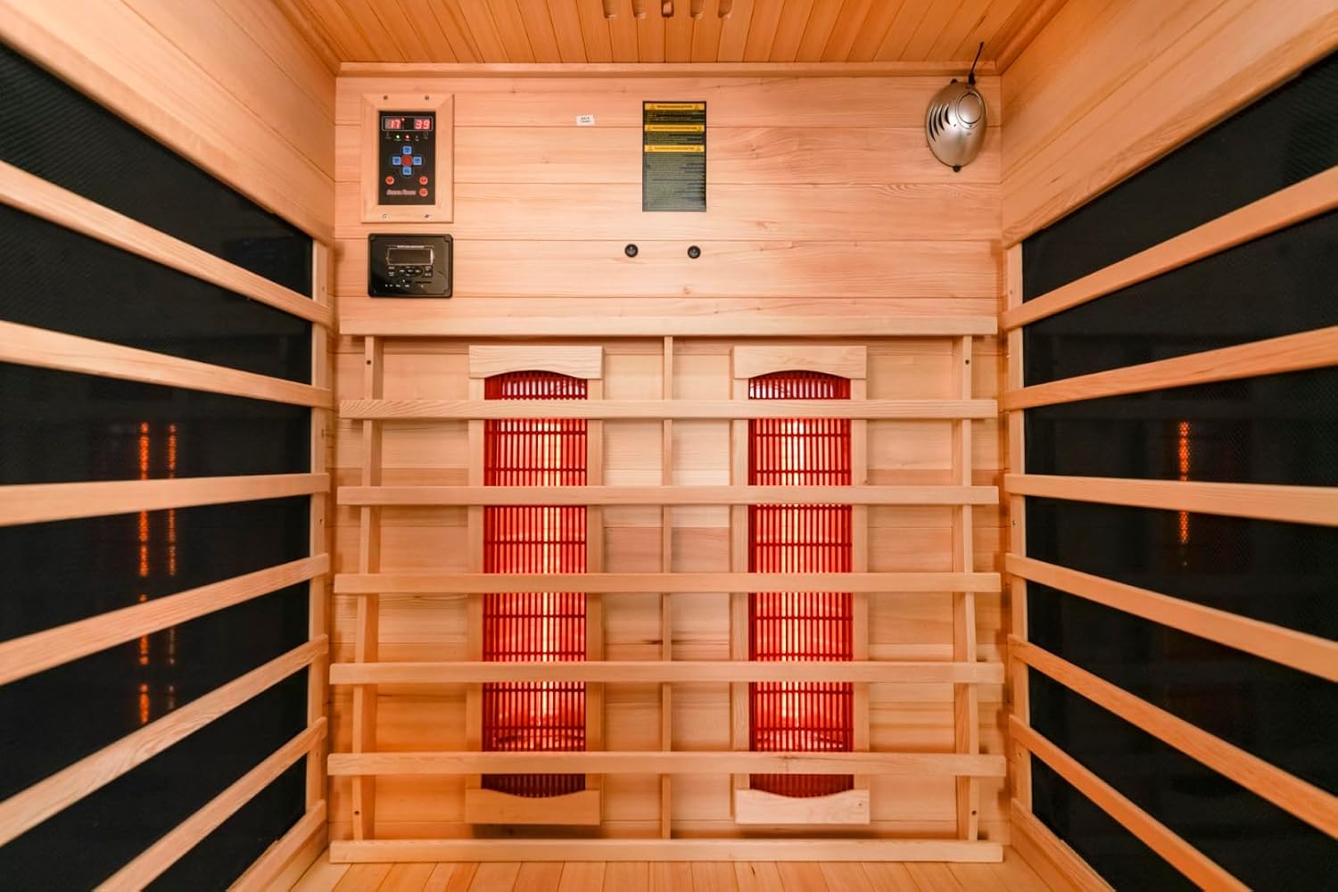 Infrarotkabine Oslo Alpha – Tiefenwärme für optimale Entspannung, 2 Personen, kanadisches Tannenholz, Bluetooth-Soundsystem, Farblichttherapie, 3 Vollspektrumstrahler, 3 Karbonstrahler