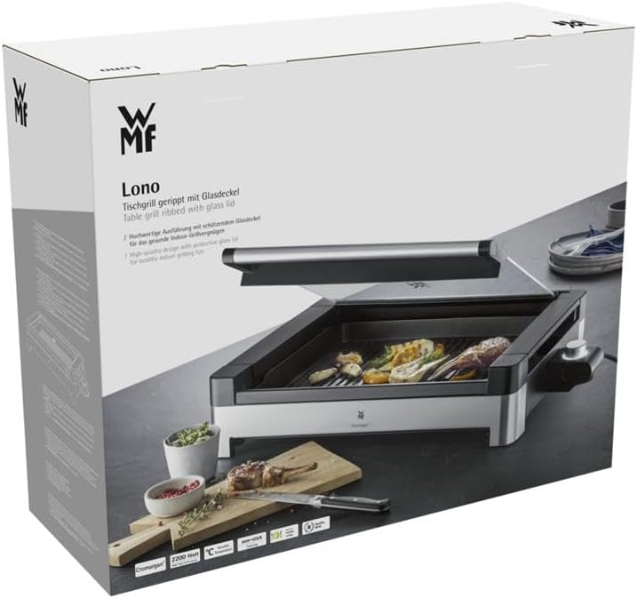 WMF Lono Barbecue électrique de table, en acier inoxydable mat, avec couvercle en verre, 2200 W, plaque de cuisson revêtue
