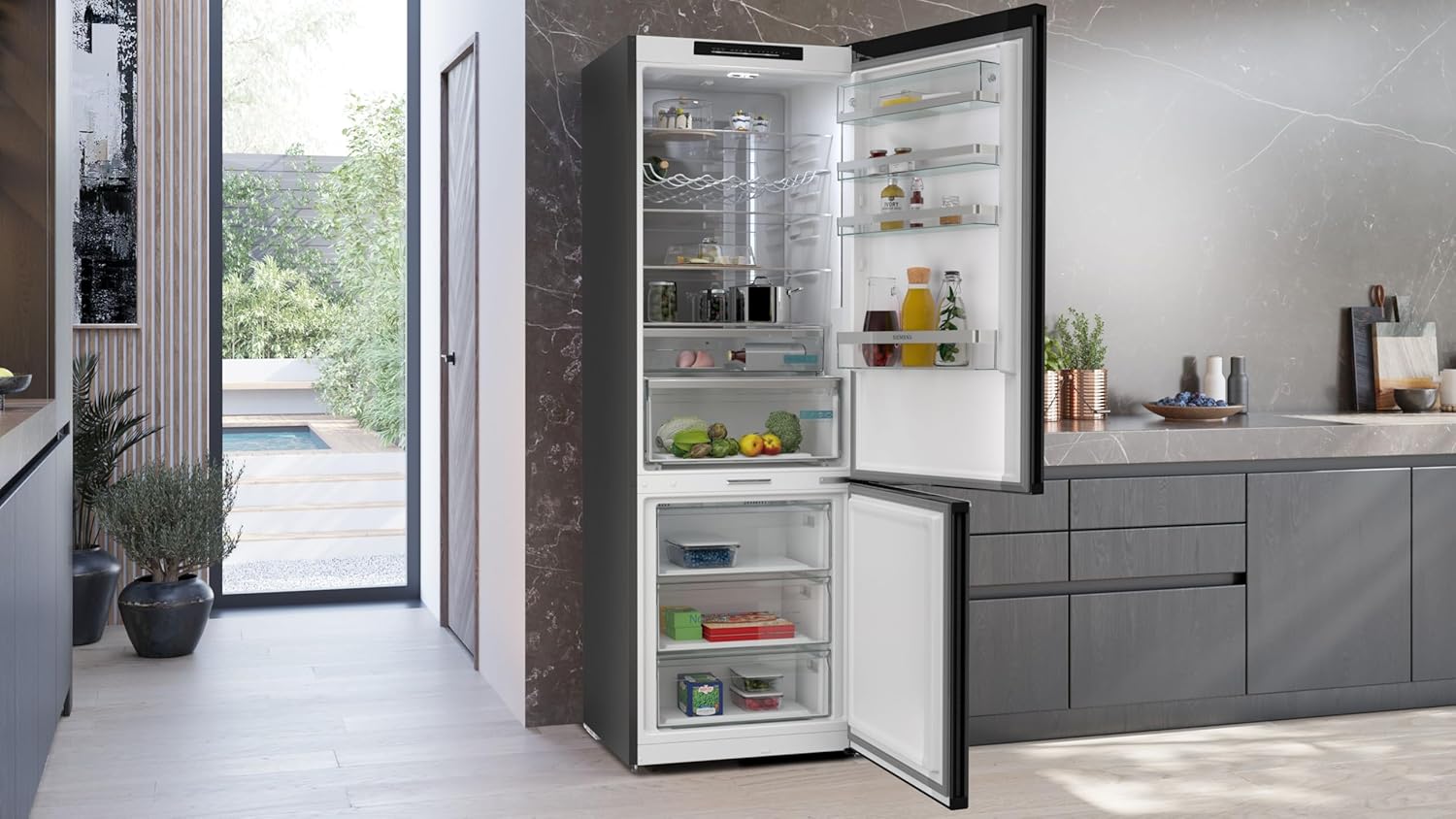 SIEMENS KG49N4XAF, iQ500, Freistehende Kühl-Gefrier-Kombination, Gefrierbereich unten, 440 l, Total noFrost, hyperFresh, extrem leise, LED Beleuchtung, 203 x 70 cm, Gebürsteter Stahl AntiFingerprint