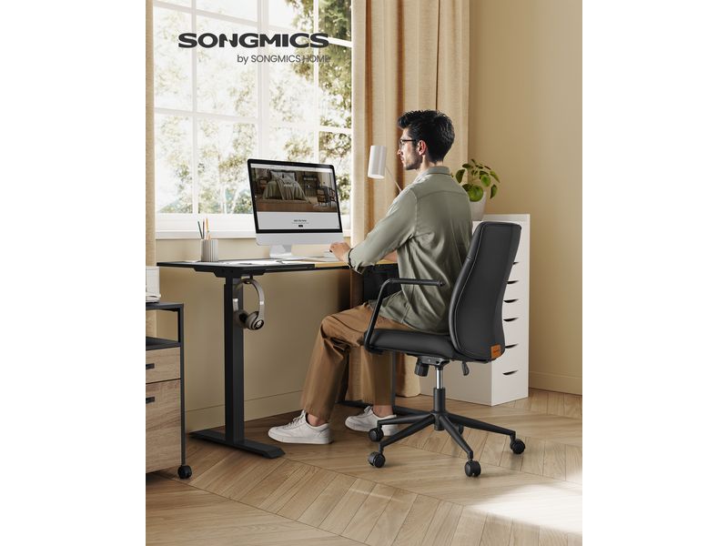 Songmics Bürostuhl mit Polsterrücken und Armlehnen, Schwarz Drehstuhl mit gebogenem Sitz